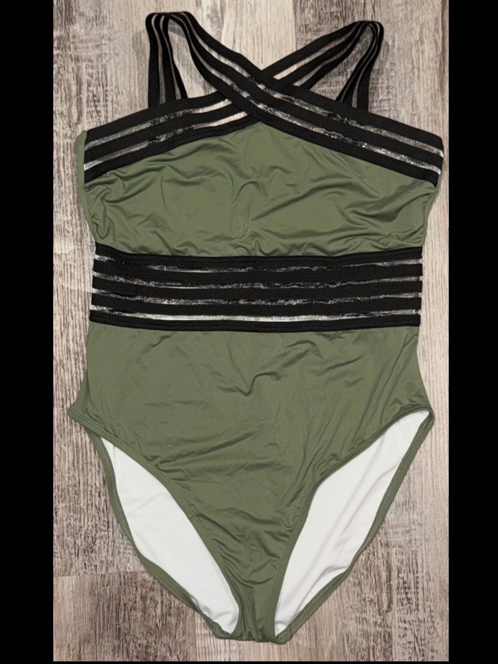 Olive Green One-Piece Swimsuit with Black Striped Waistband